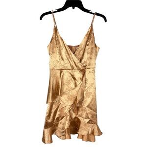 Y2K Satin Gold Babydoll Dress sz Small Silky Satin Asian Fairy Strappy Altard